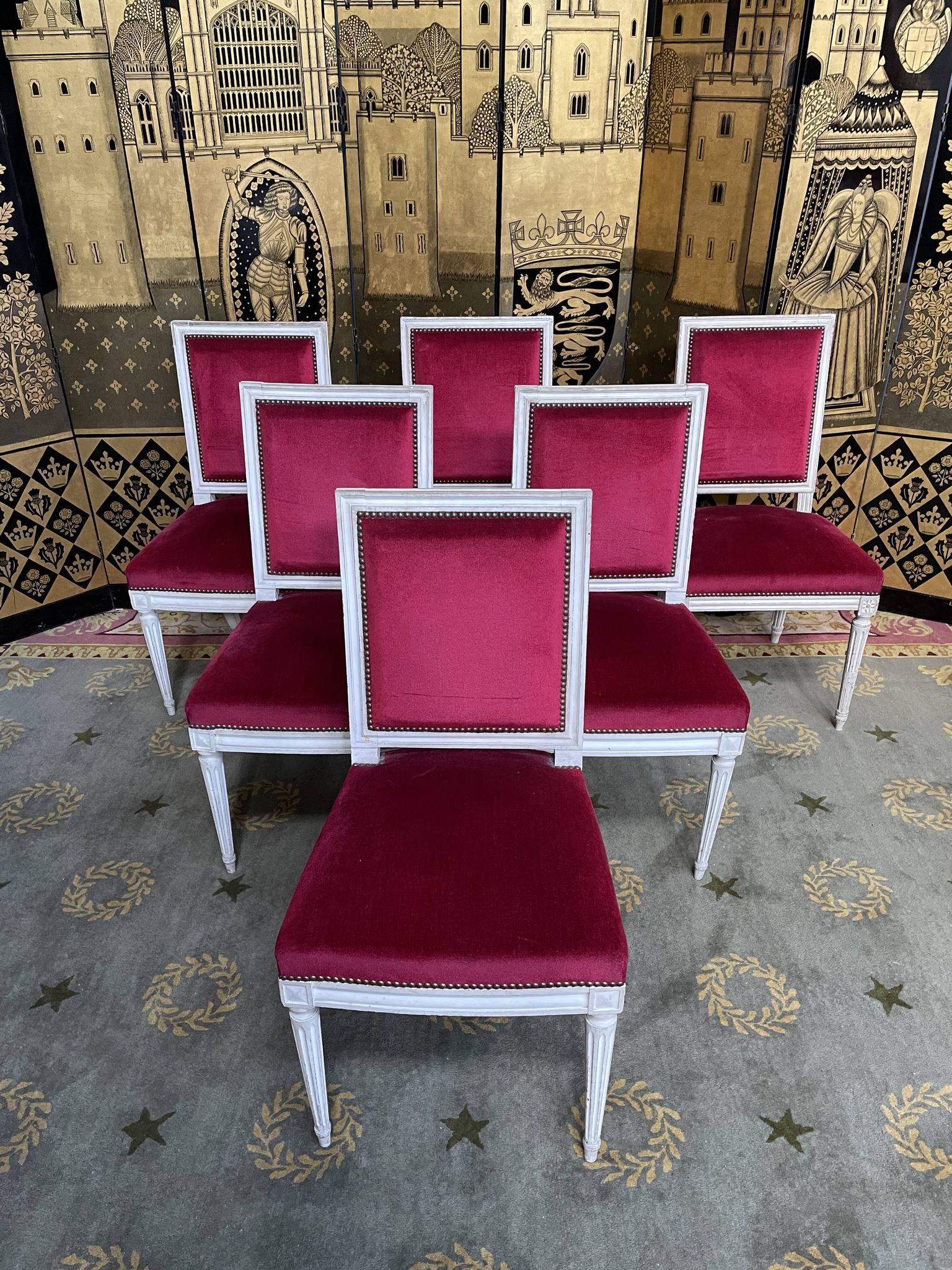 Suite of 6 louis XVI style chairs red velvet