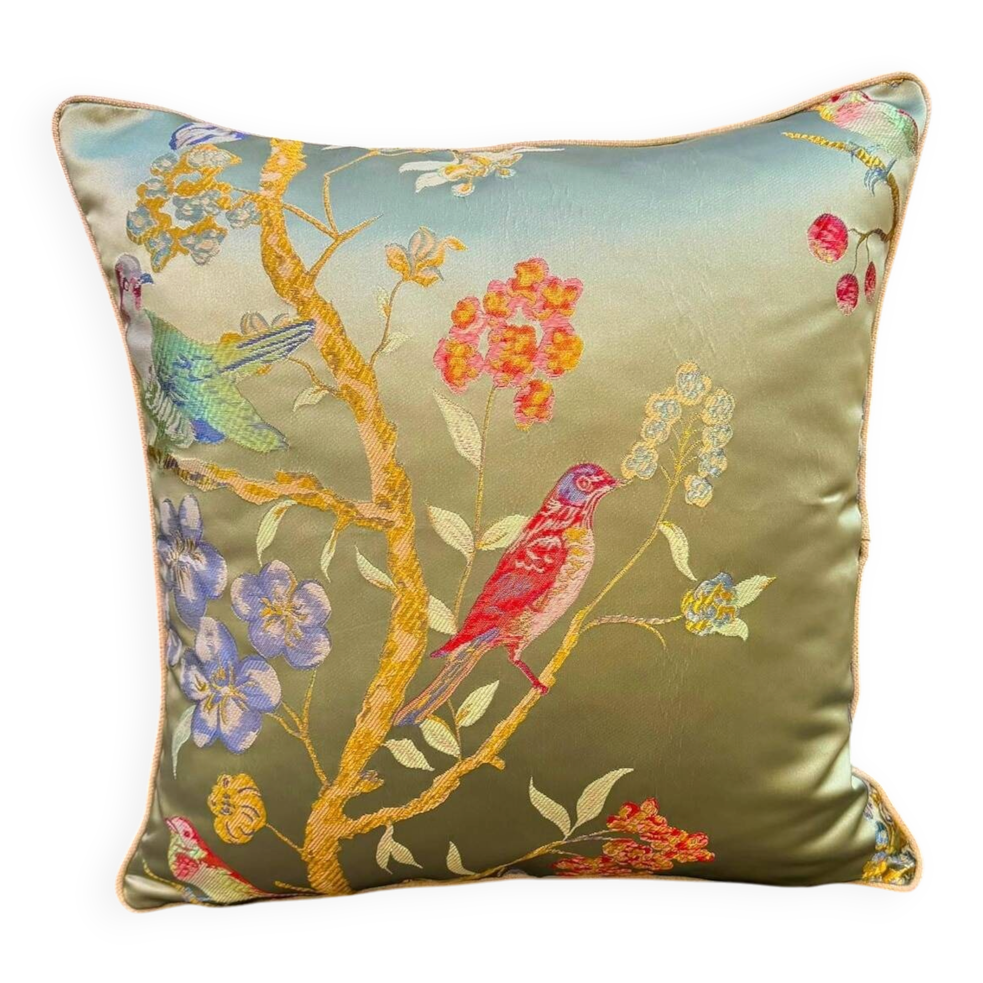 Chinoiserie Bird Cushion Cover, Cream Piped Silk Botanical Pillow