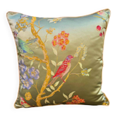 Chinoiserie Bird Cushion Cover, Cream Piped Silk Botanical Pillow