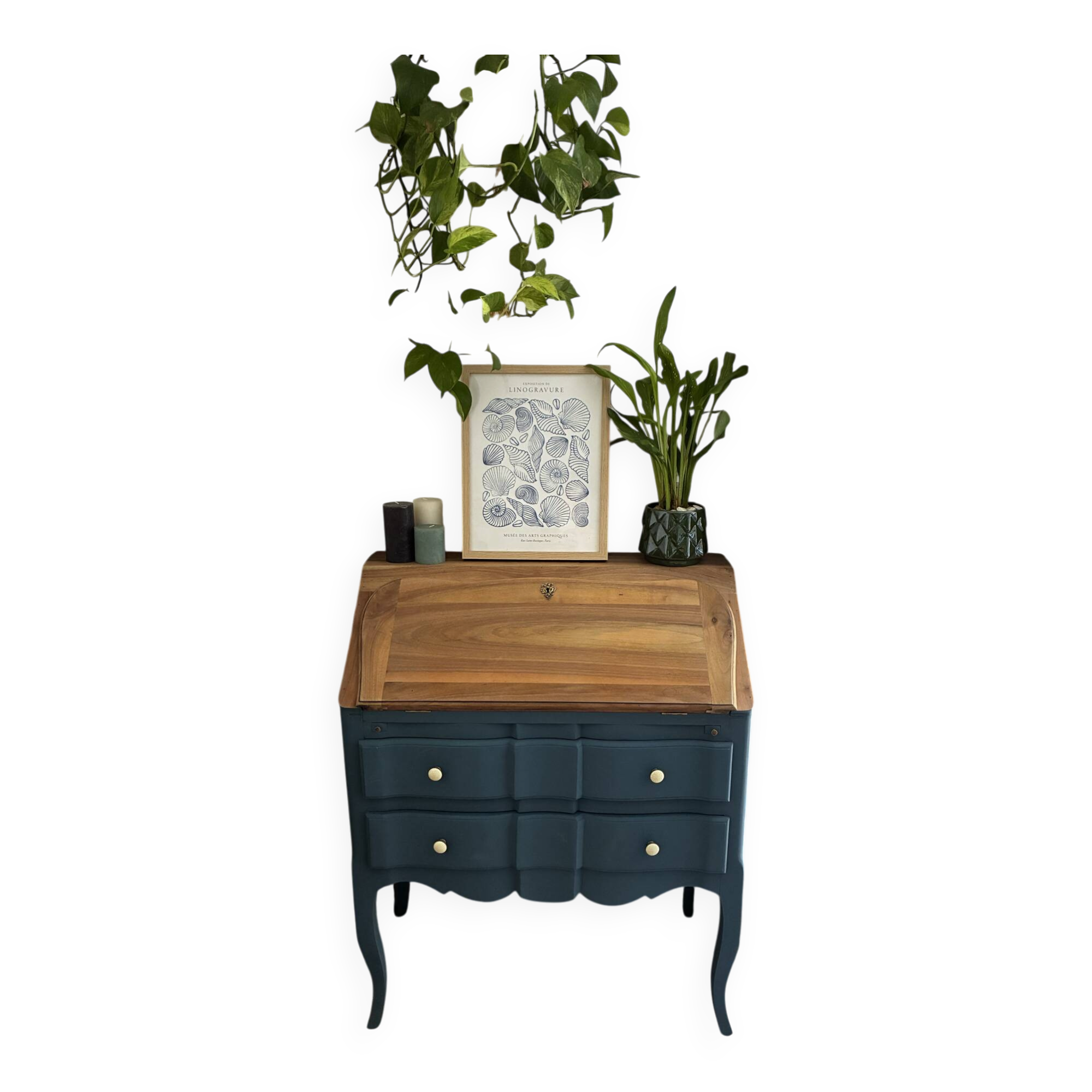 Restored antique drop-leaf secretary – natural wood & Night Blue