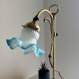 Art Nouveau style gilded brass lamp with sky blue opaline tulip