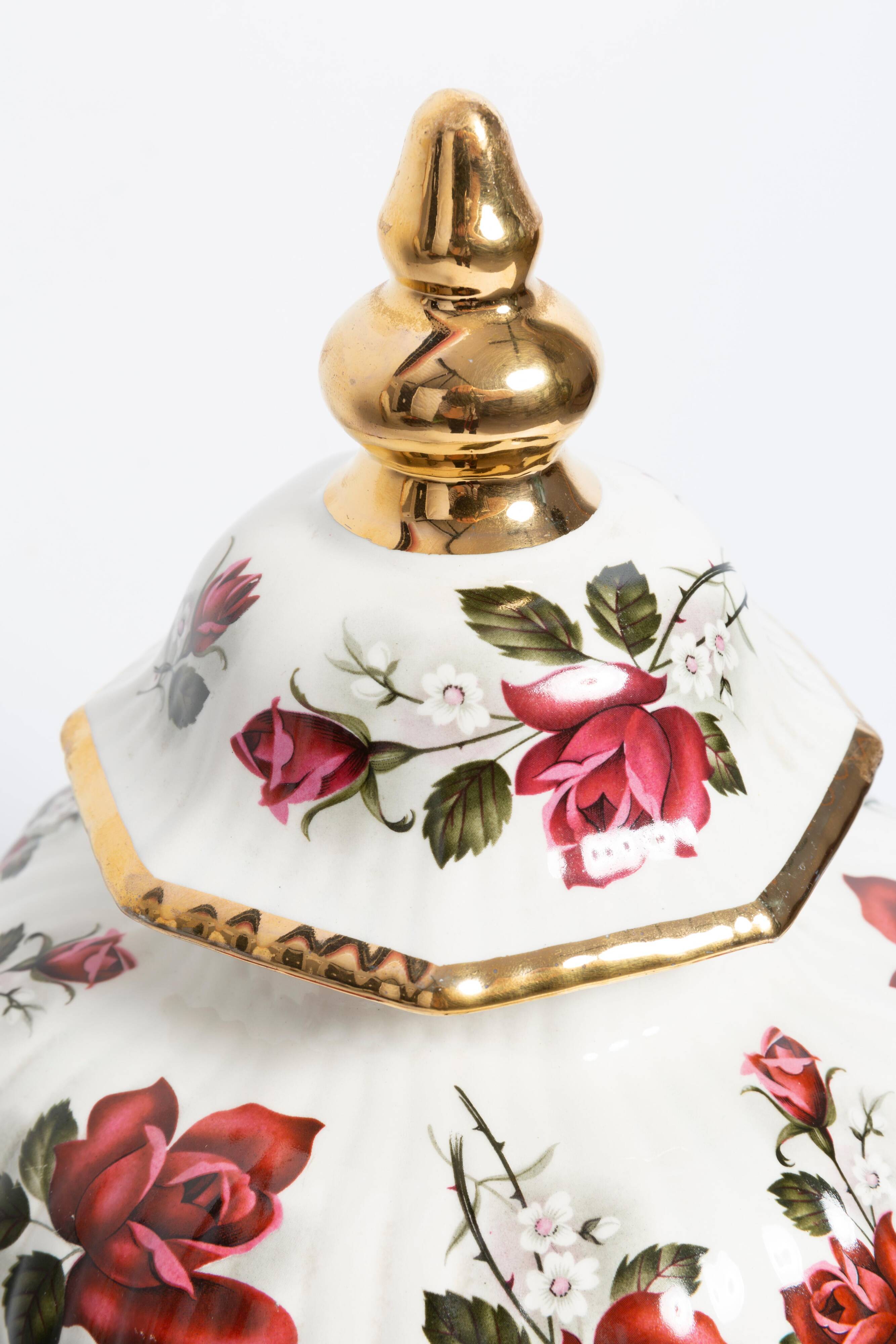 Grand vase en céramique peint à la main avec roses, boîte à bonbons, XXe siècle, Belgique, années 1960