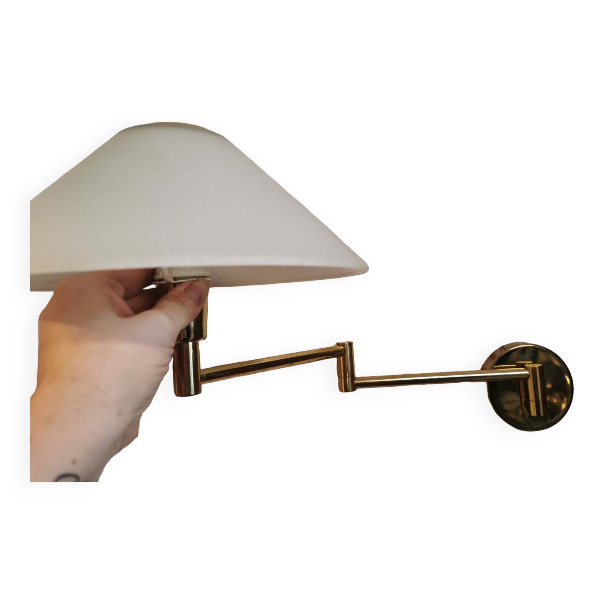 Brass wall lamp with vintage articulated arm, glass and brass shade