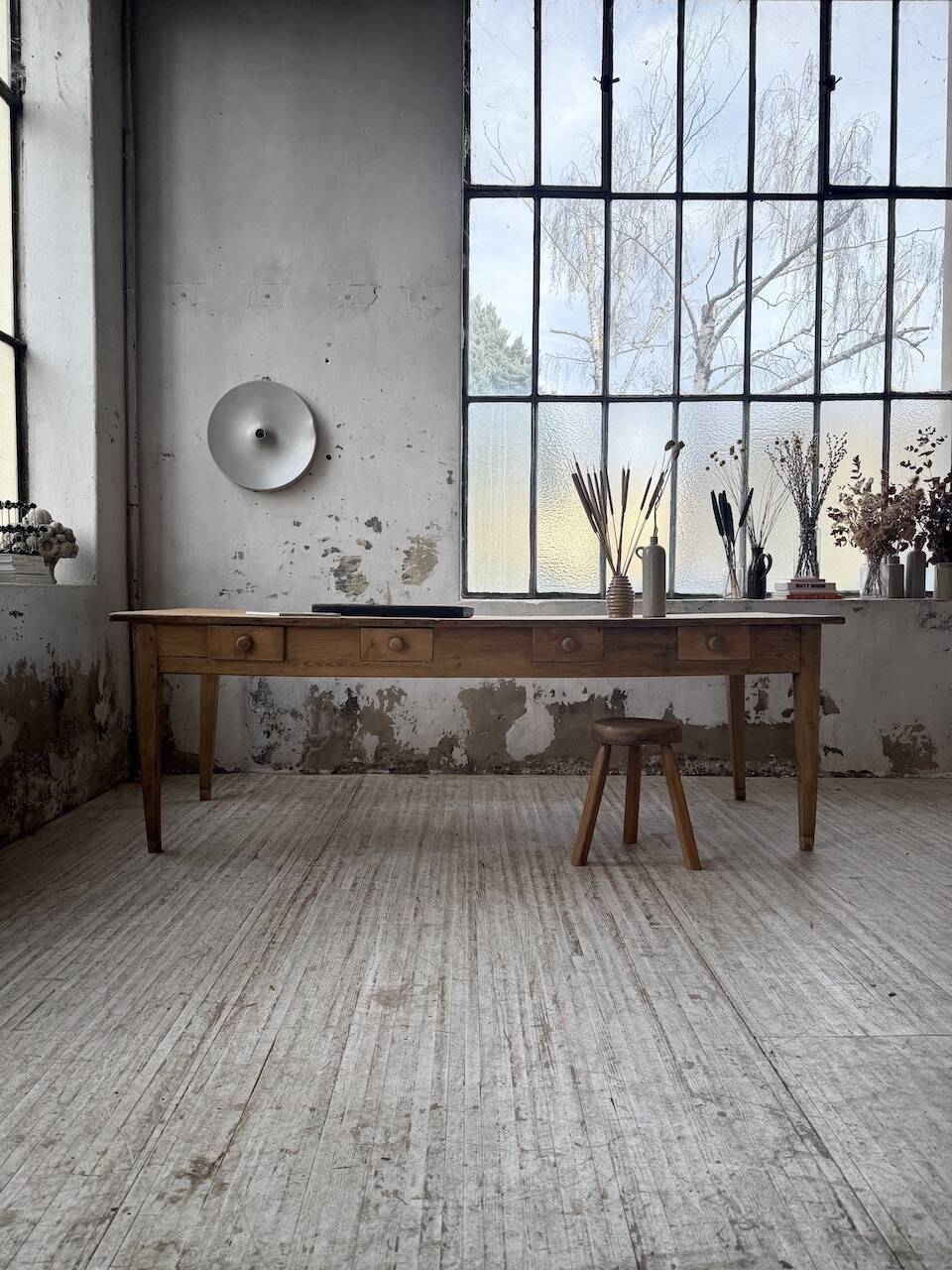 Pine and oak farmhouse table with multiple drawers, communal type, 240cm.