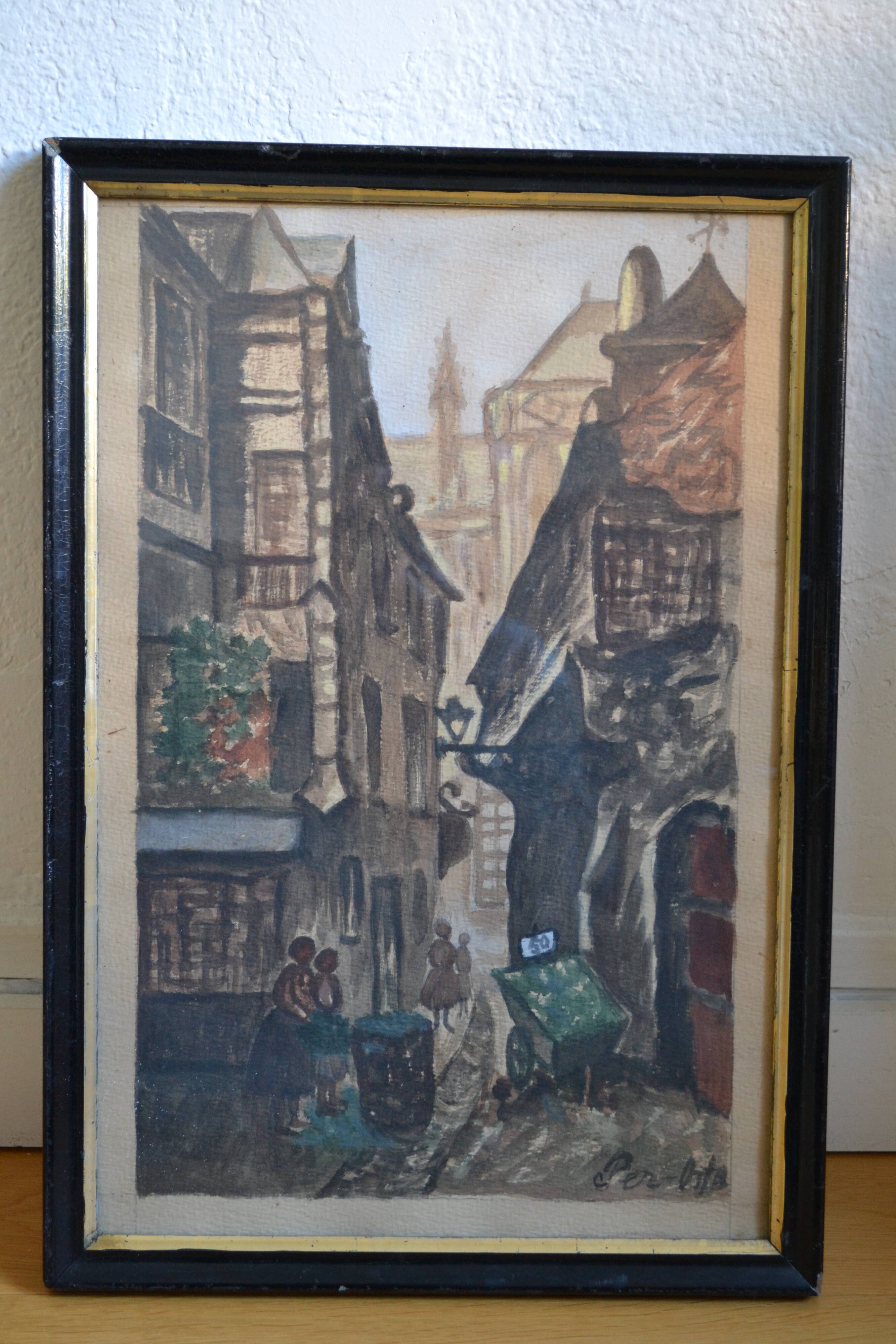 Ancient gouache painting rue brise miche le marais paris