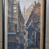 Peinture ancienne gouache rue brise miche le marais paris
