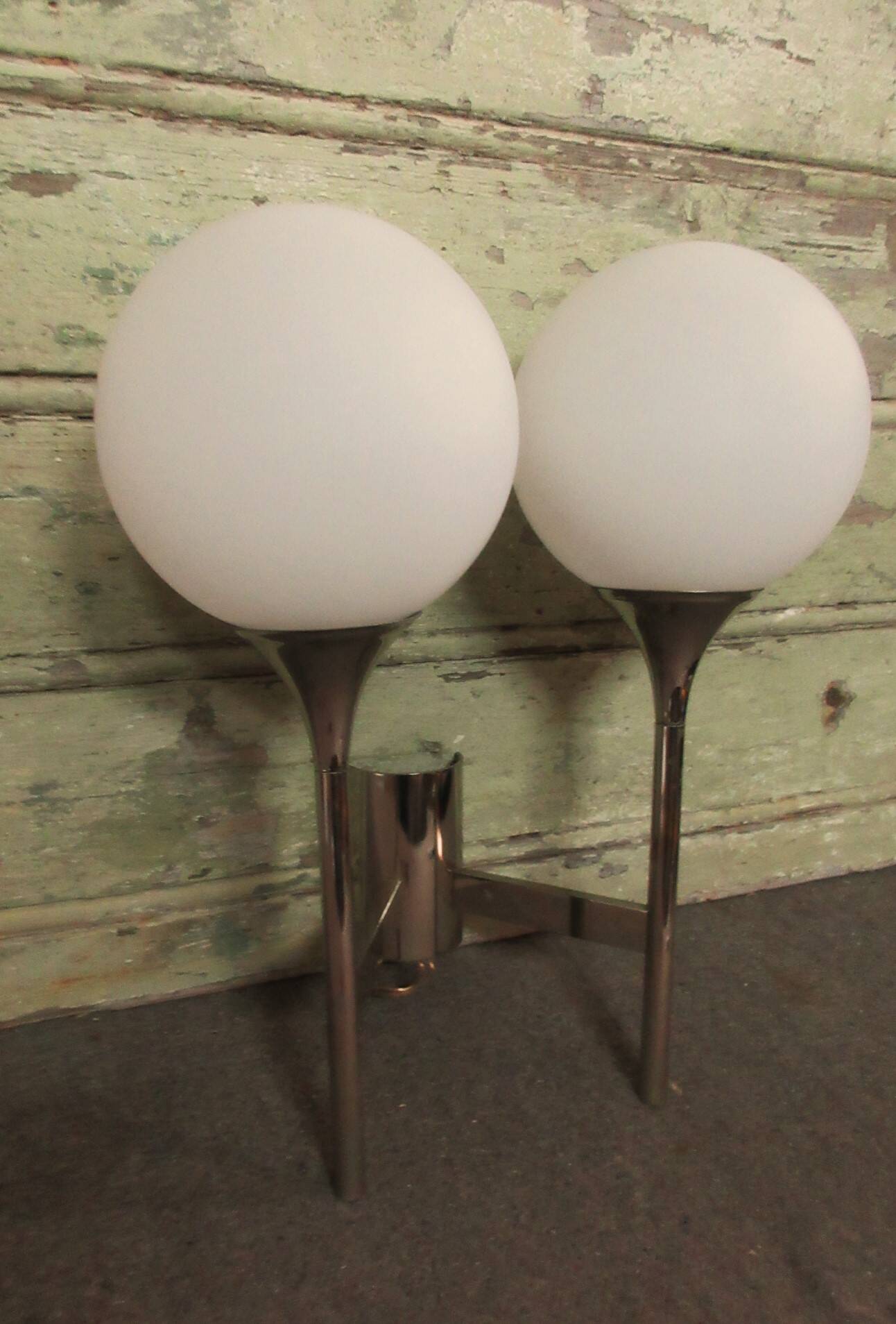 Sciolari double chrome wall light with white glass globe