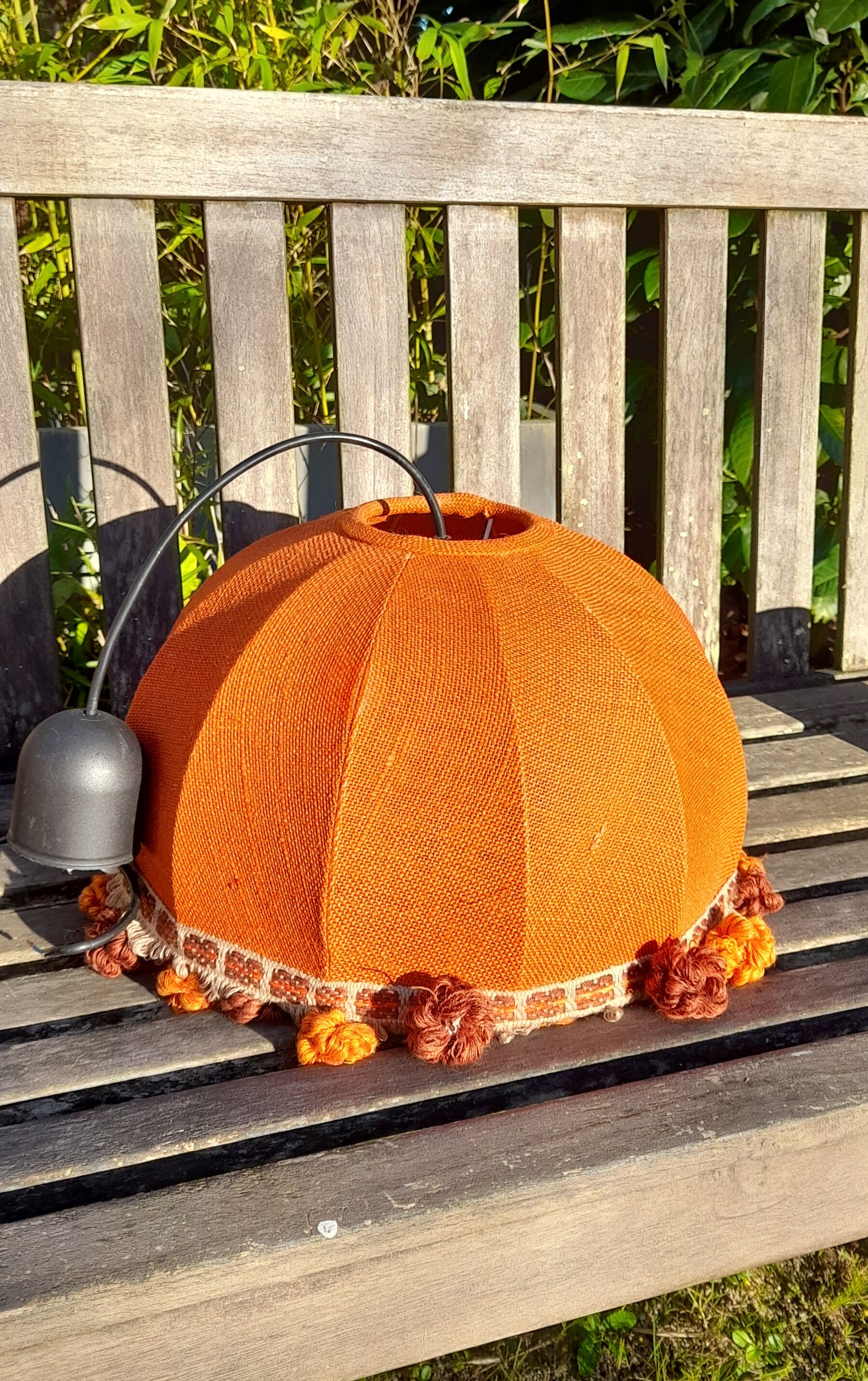 Suspension lampshade dome orange jute, brown pompoms, seventies