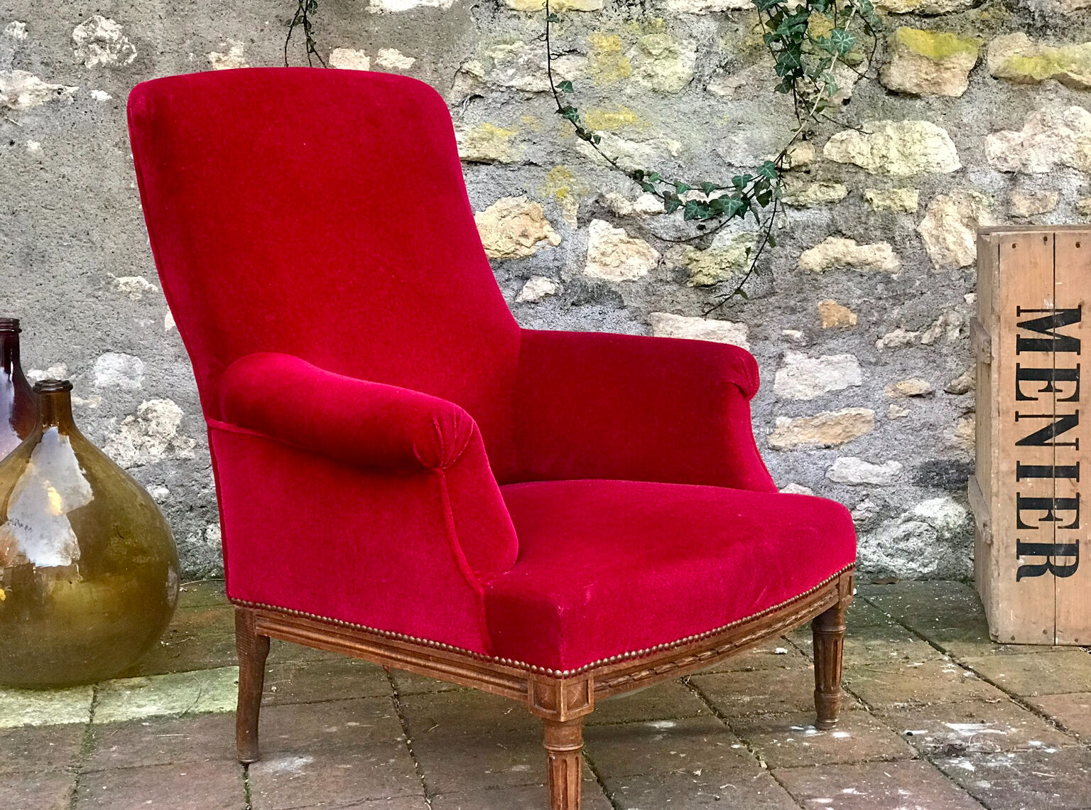 Red velvet English armchair