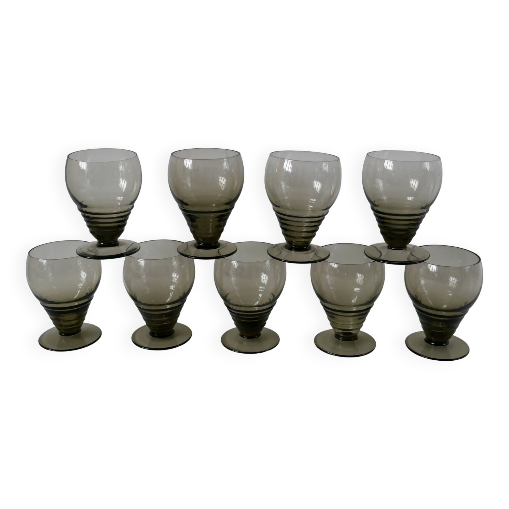 Set of 9 small art deco design liqueur glasses in smoked glass from the 30s and 40s