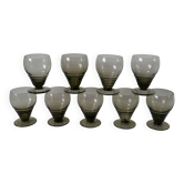 Set of 9 small art deco design liqueur glasses in smoked glass from the 30s and 40s