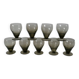 Set of 9 small art deco design liqueur glasses in smoked glass from the 30s and 40s