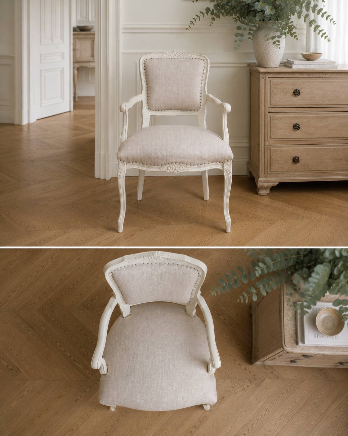 Louis XV style armchair in patinated beige, upholstered in beige fabric.
