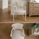Louis XV style armchair in patinated beige, upholstered in beige fabric.