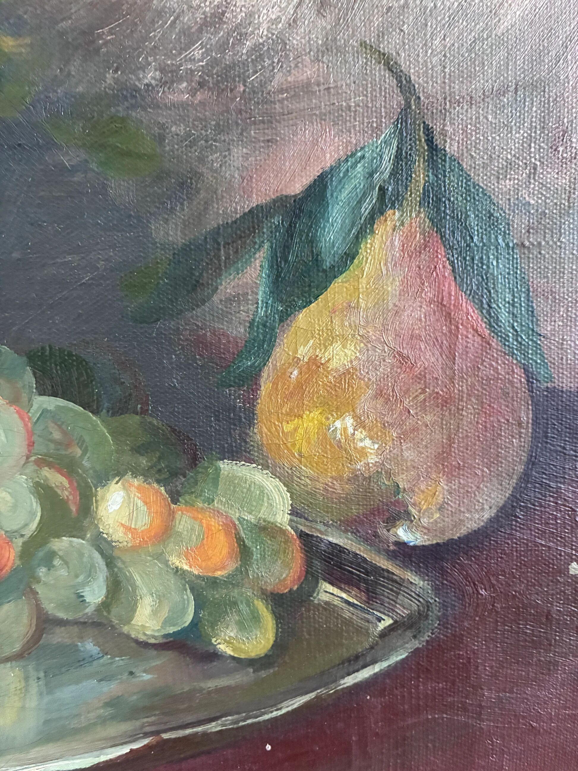 Large vintage original floral still life painting with fruit
