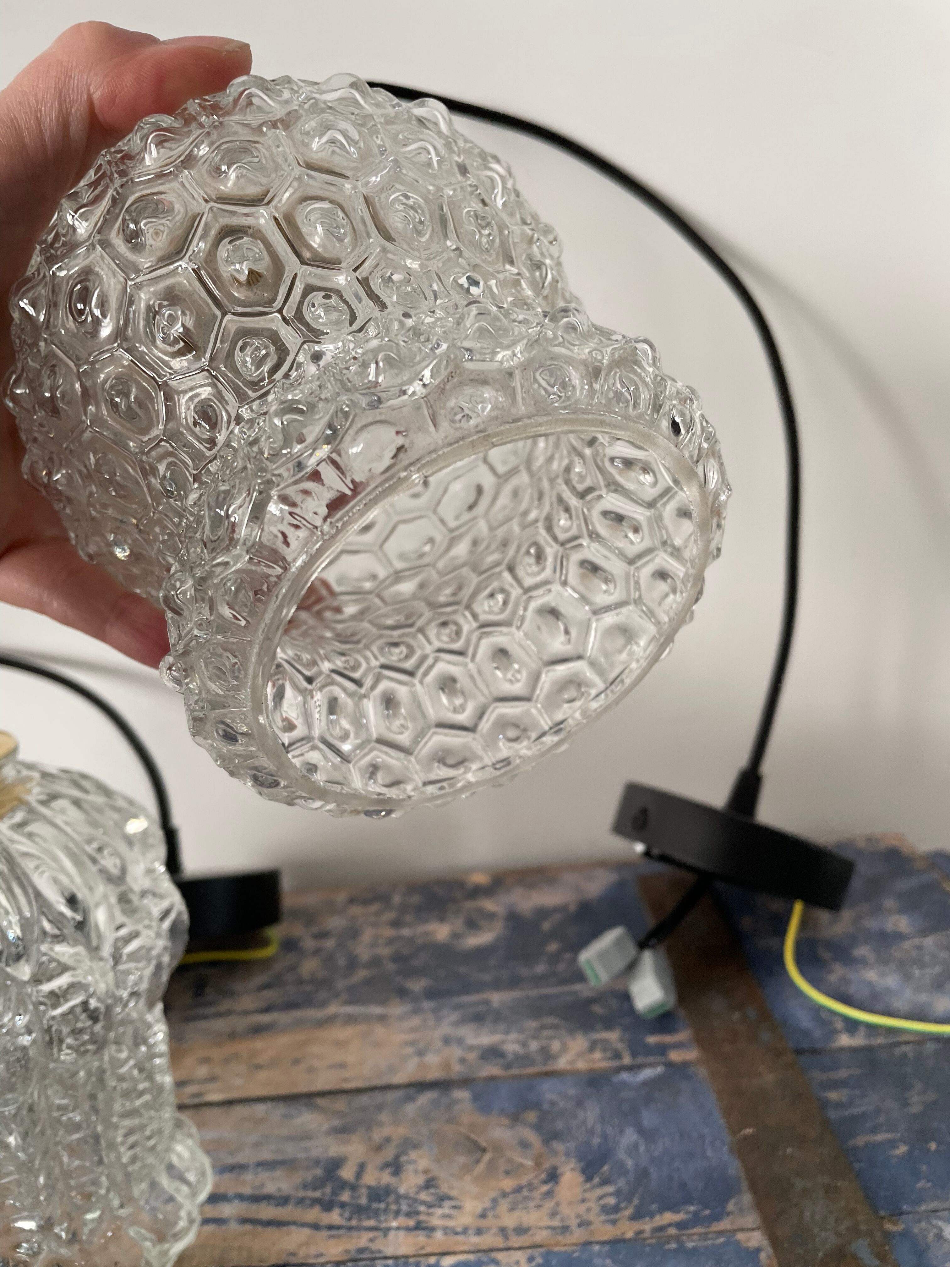 Set of three vintage electrified glass pendant lamps