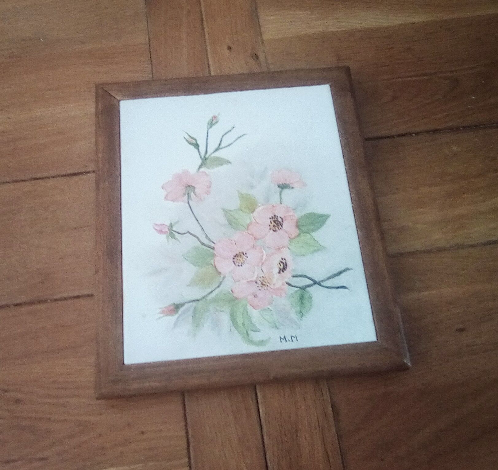 Underside of vintage wood and ceramic dish