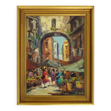 Huile sur carton scène de marché 47,5X37 cm - 18,70X14,56 ". Signée