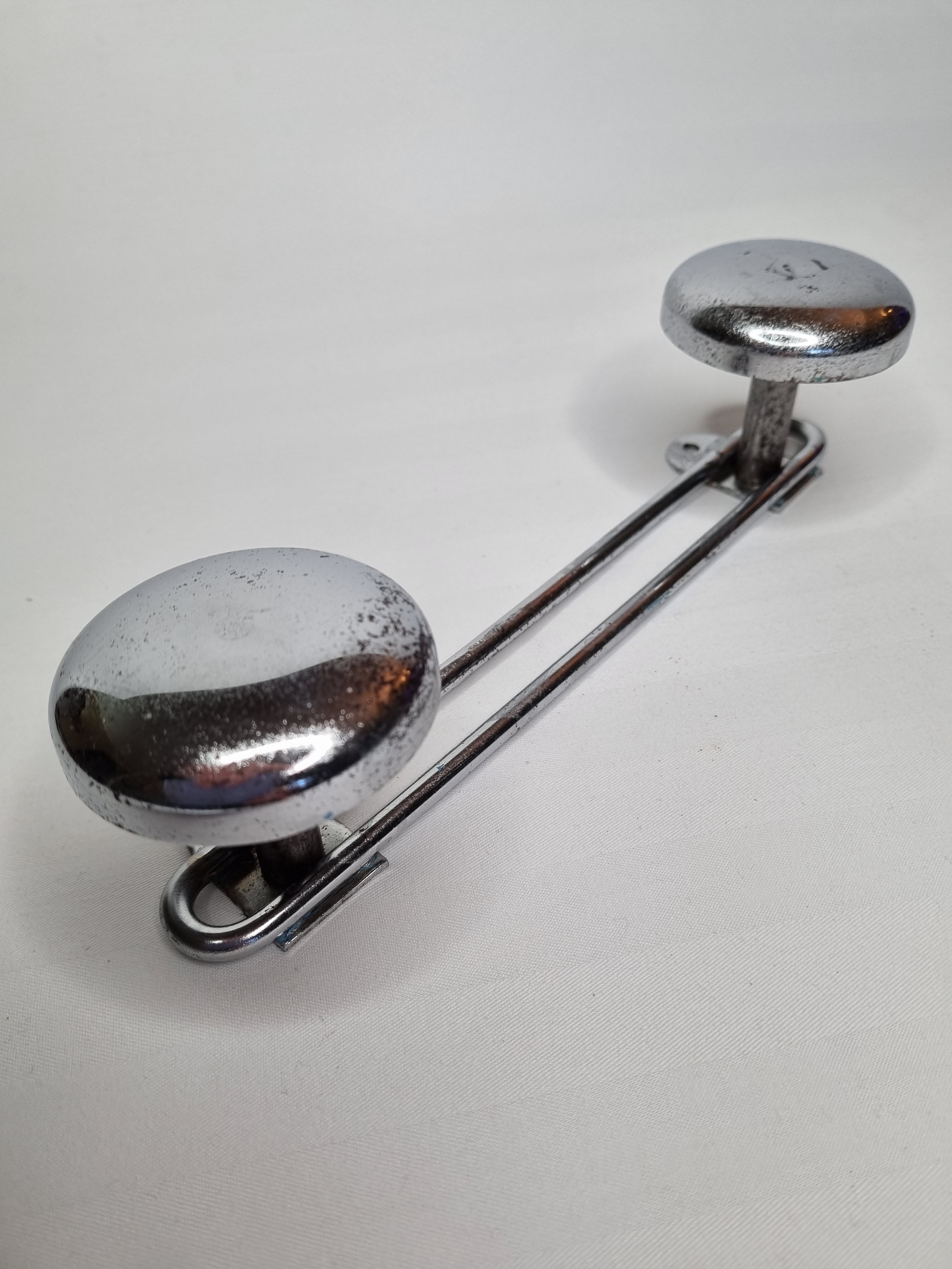 Vintage chrome metal wall coat rack, 2 hooks, 23 cm