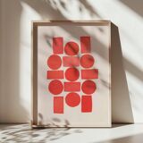 Abstract painting 30x40 geometric illustration in red signed Eawy.