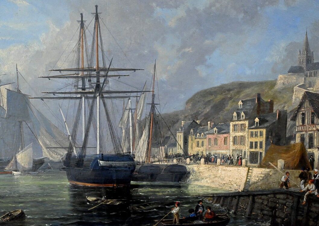 Tableau "Quay in Light", oil on panel, signed Jules d'Évry – Mid 19th century
