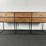 Antique wooden console with black metal base and 6 drawers