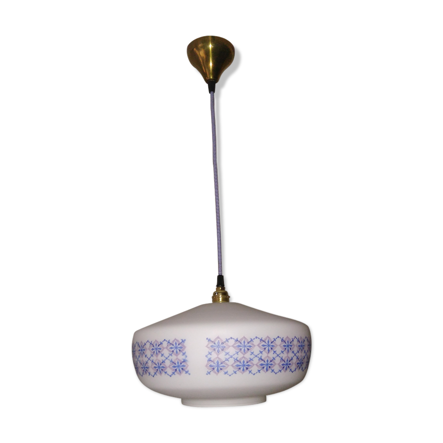 Hanging opaline white blue engravings 60s