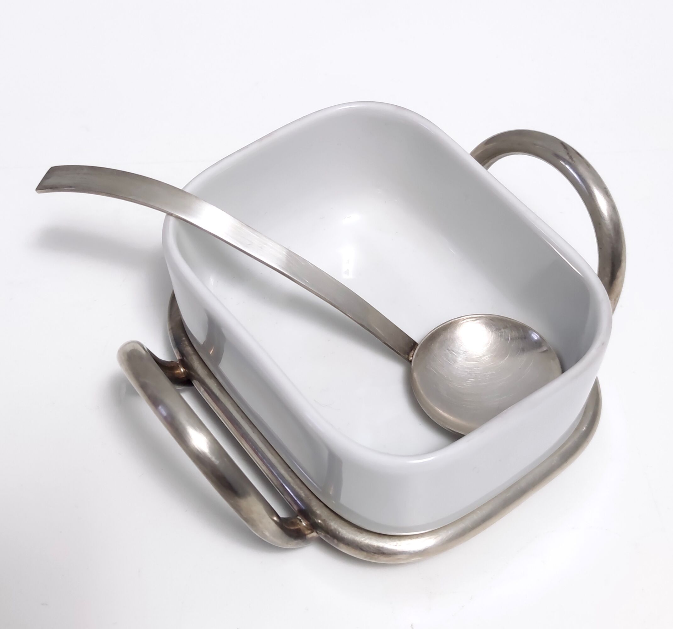 Postmodern Lino Sabattini Silver-Plated and Ceramic Cheese Bowl with Spoon