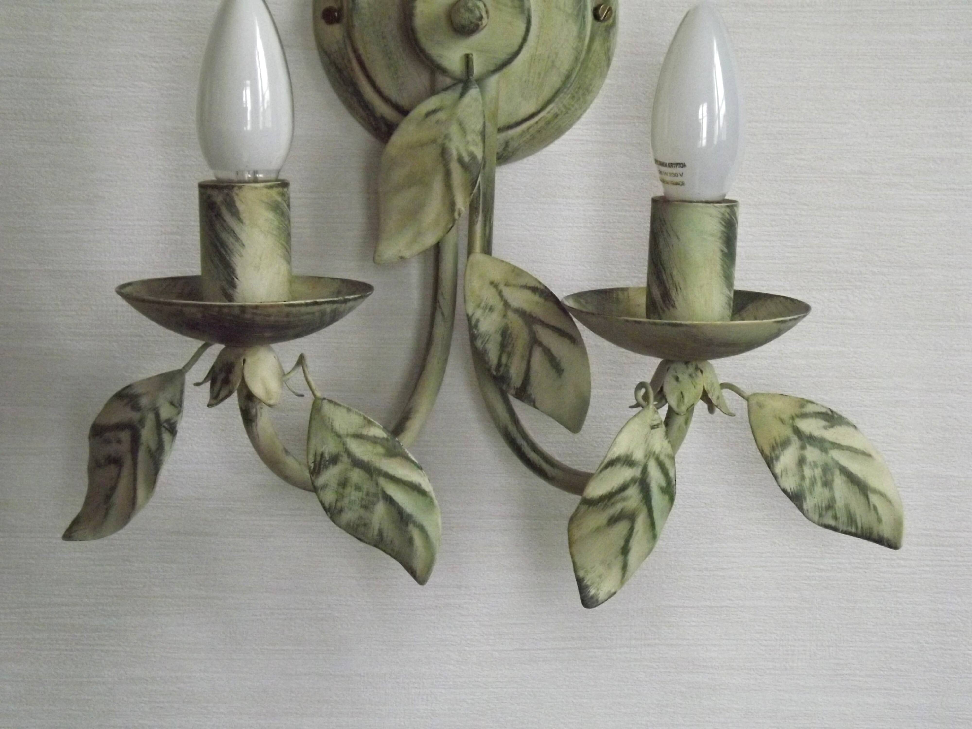 Pair of Vintage Italian Double Wall Lights Leaf Detail Green & Gold Finish
