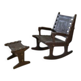 Armchair with ottoman by Angel Pazmino in wood and brown leather 1960's