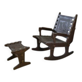Armchair with ottoman by Angel Pazmino in wood and brown leather 1960's
