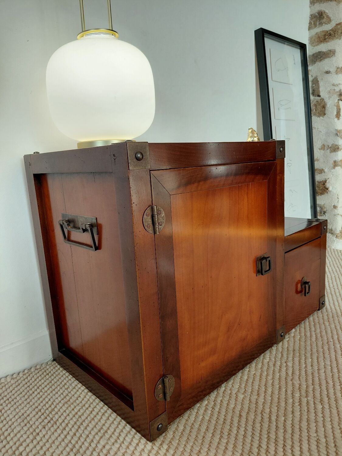 Small vintage Roche Bobois piece of furniture in Asian-style wood.