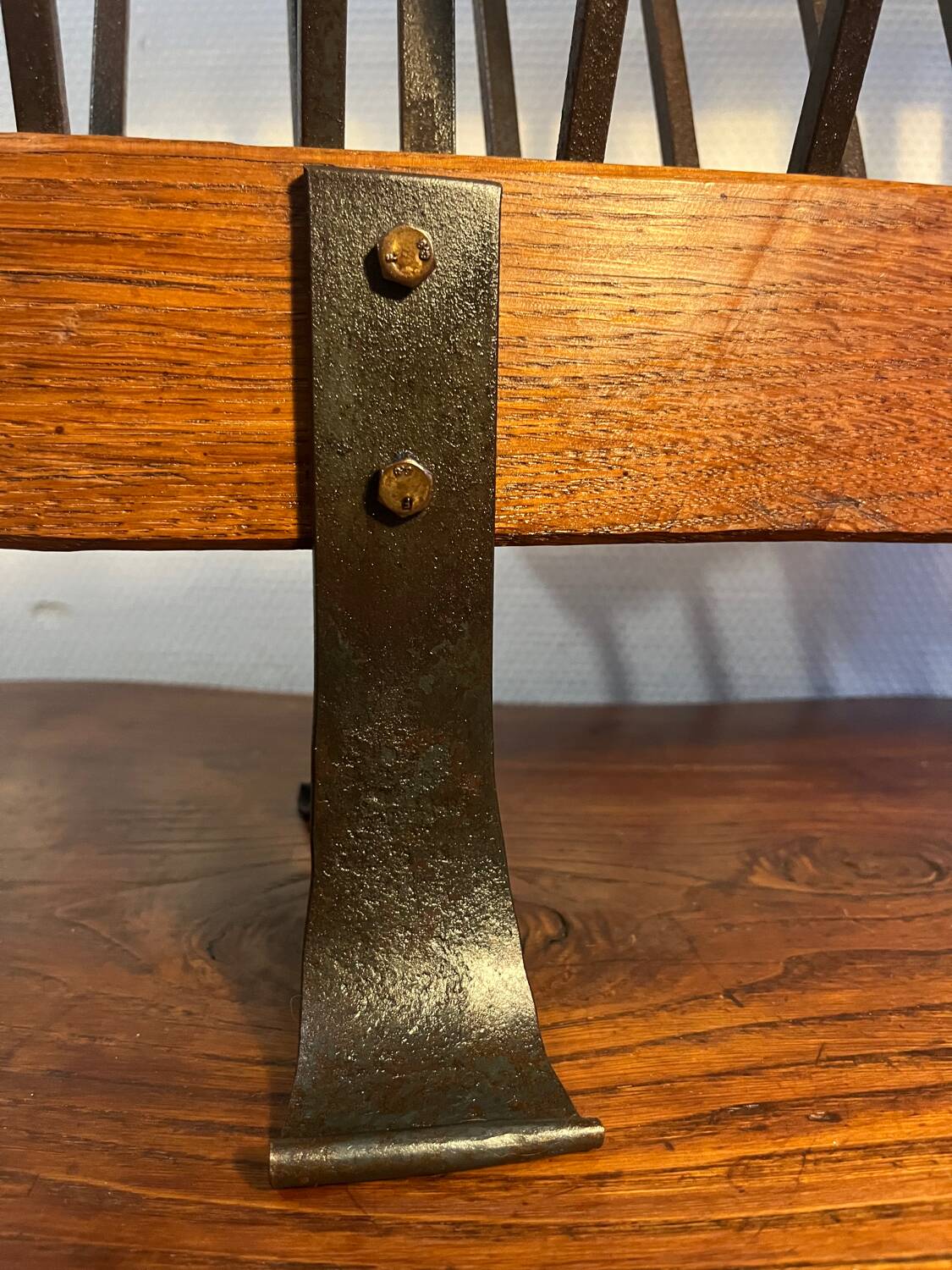 Brutalist magazine rack, solid wood and wrought iron