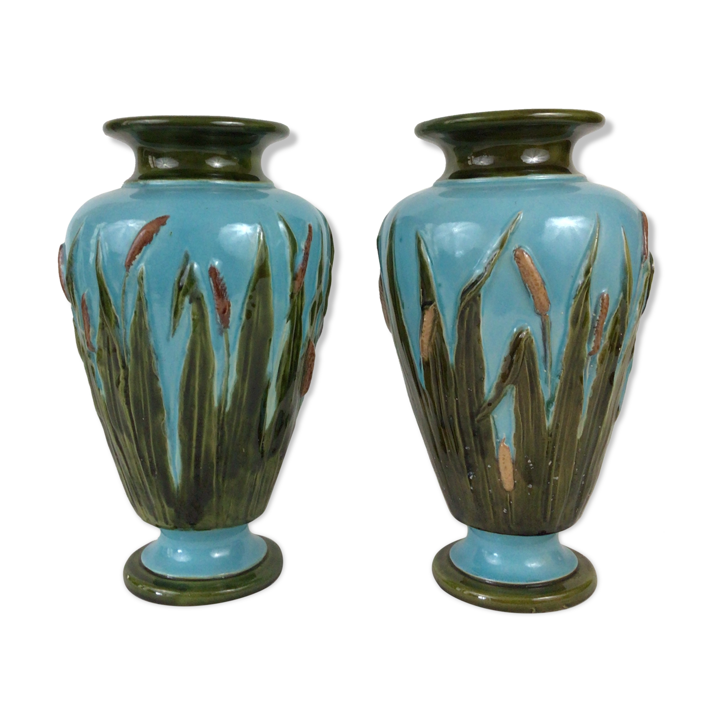Pair of enamelled ceramic vases Barbotine Art Nouveau