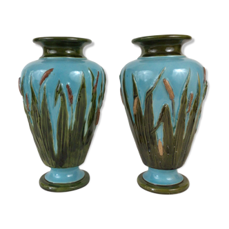 Pair of enamelled ceramic vases Barbotine Art Nouveau