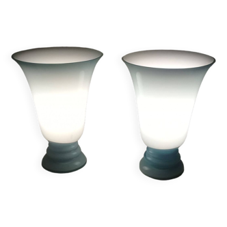 Pair of blue and white opaline lamps