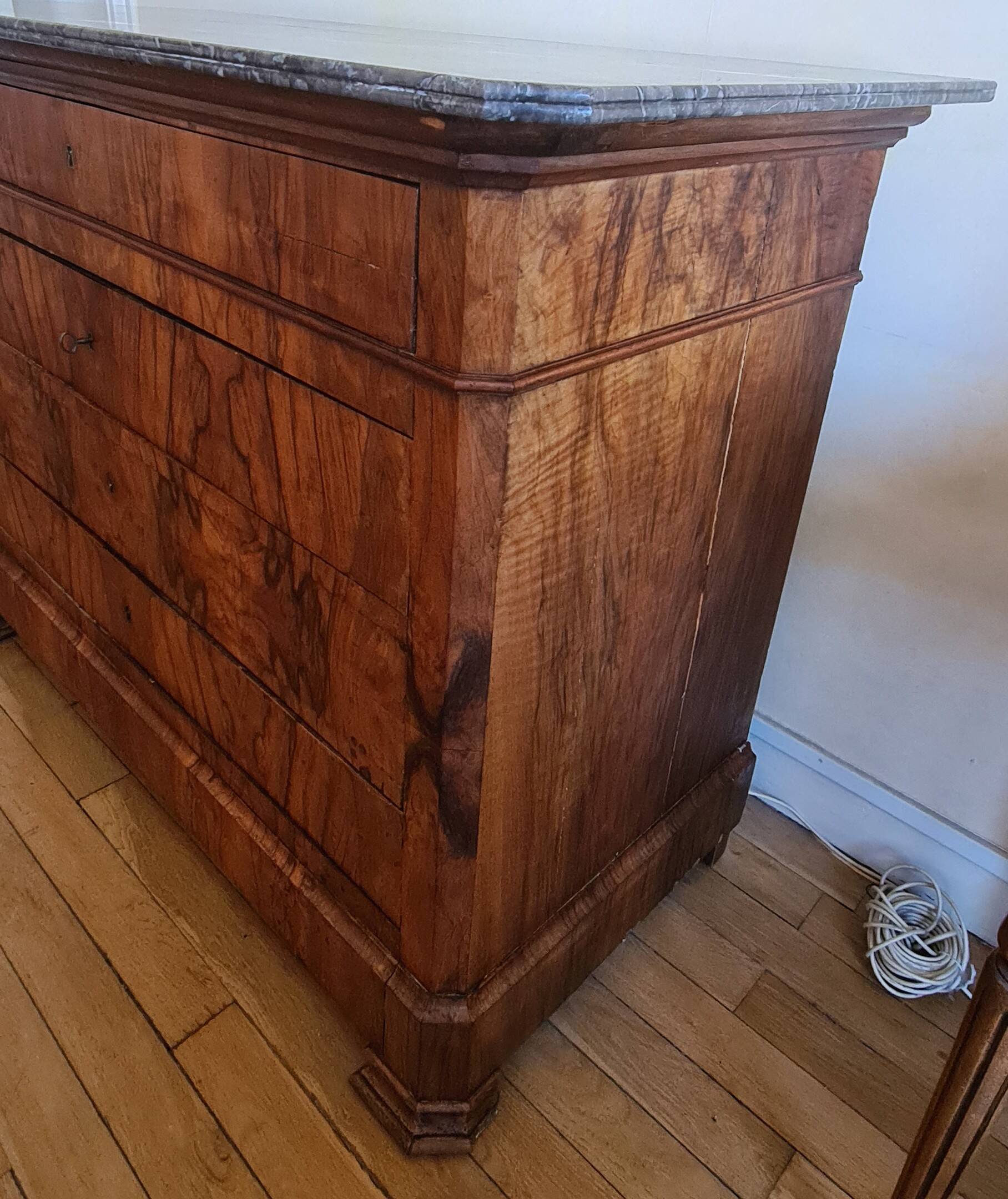 Louis Philippe walnut commode from the 19th century + grey Saint-Anne marble