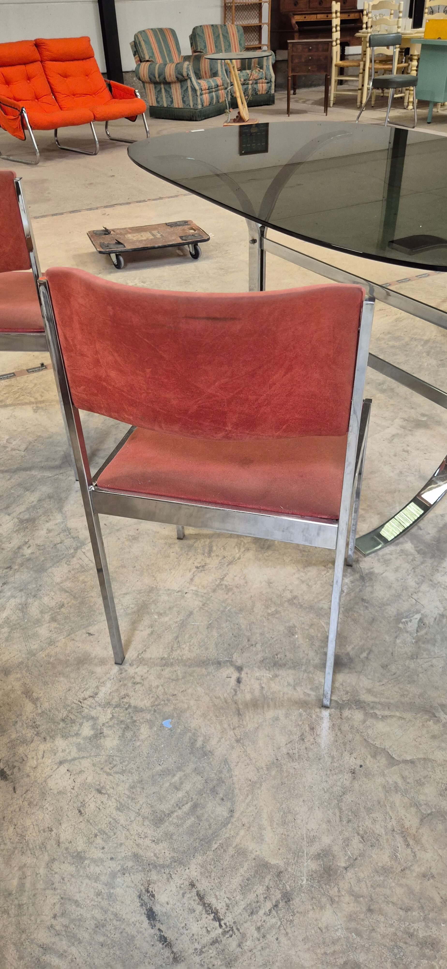 Dining room table + 4 stainless steel and smoked glass chairs 1970