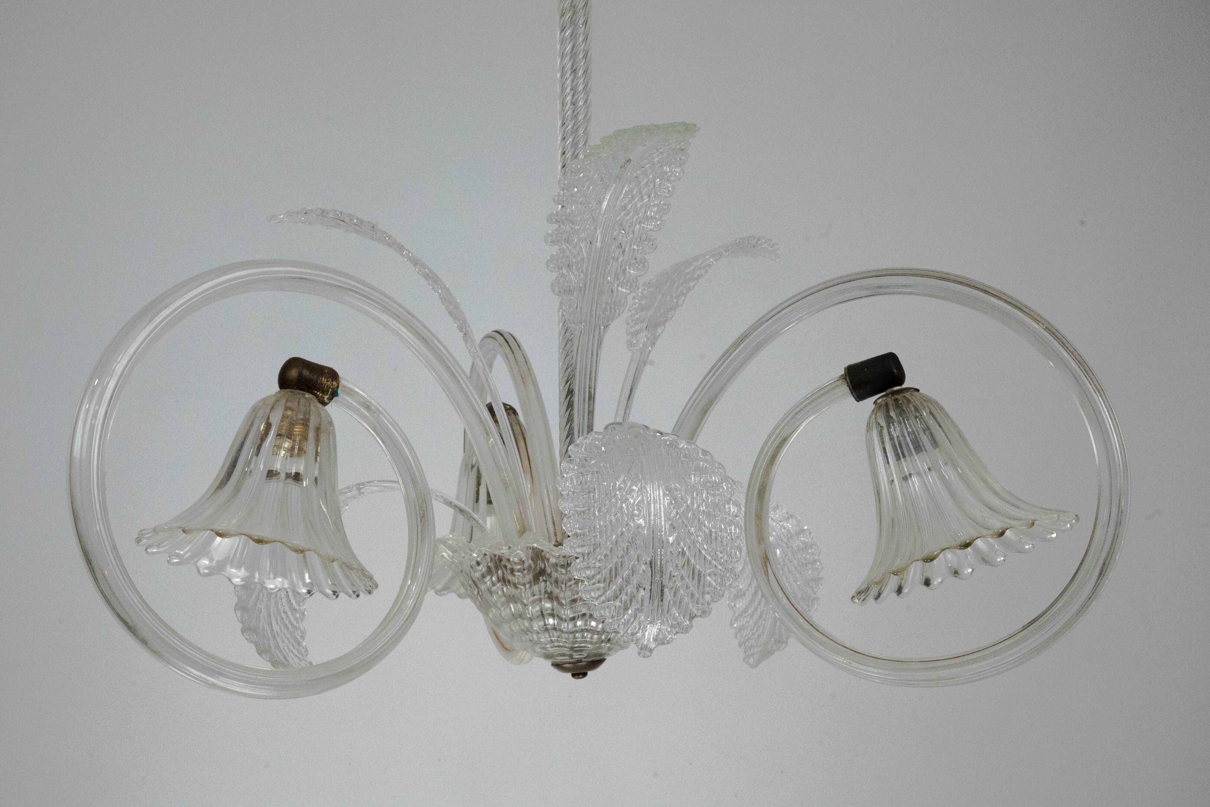 Art Deco Murano Glass Three-Arm Chandelier, Italy, 1940s