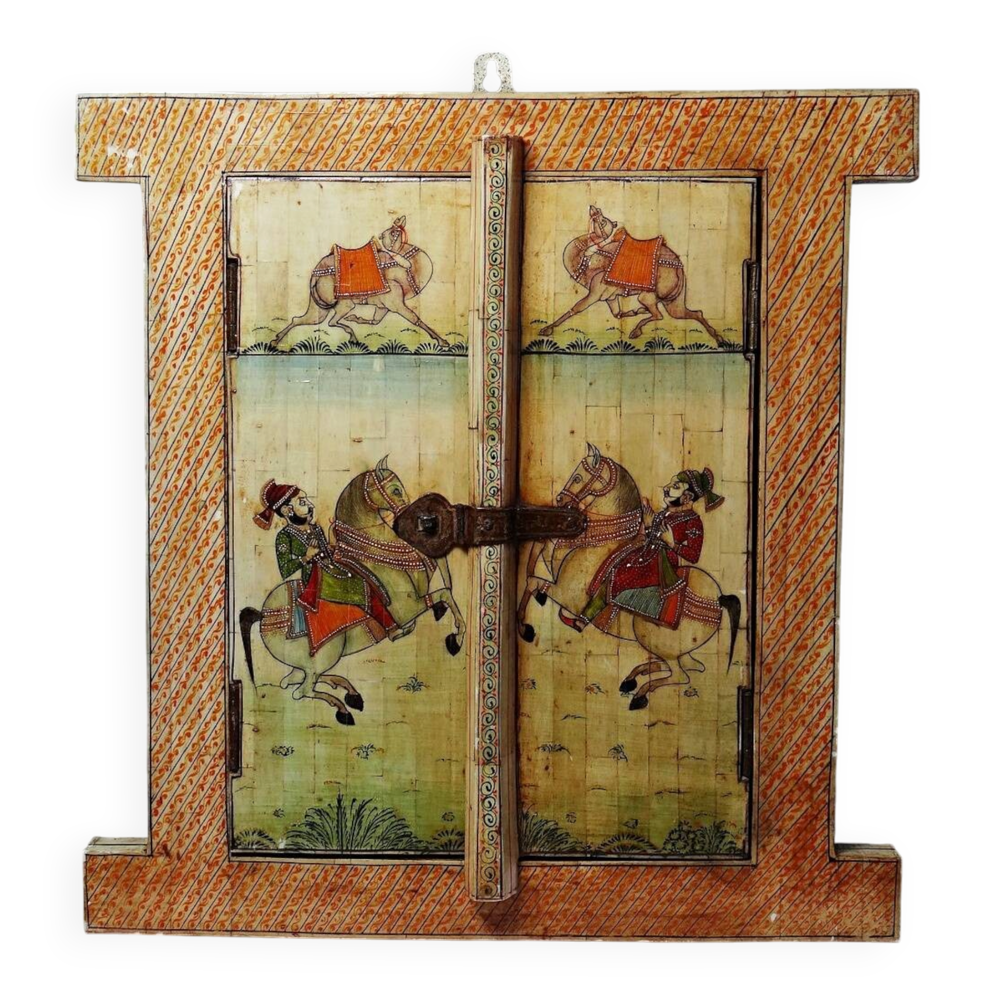 Mirror window Rajasthan in hand-painted bone decor with an ancient horseman from the early 20th century.