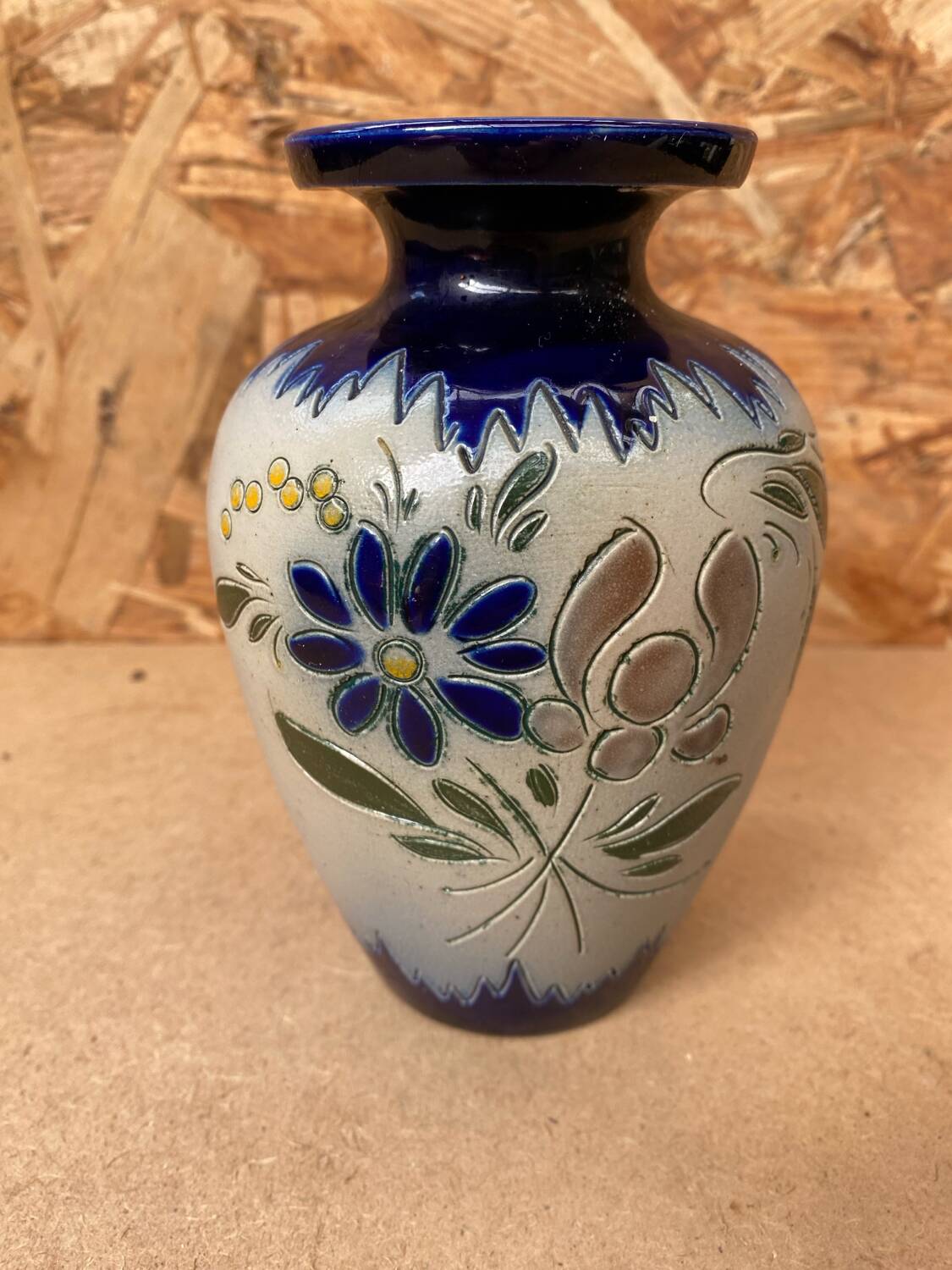 Ancien vase soliflore betschdorf schmitter grès bleu décor fleurs vintage #b647