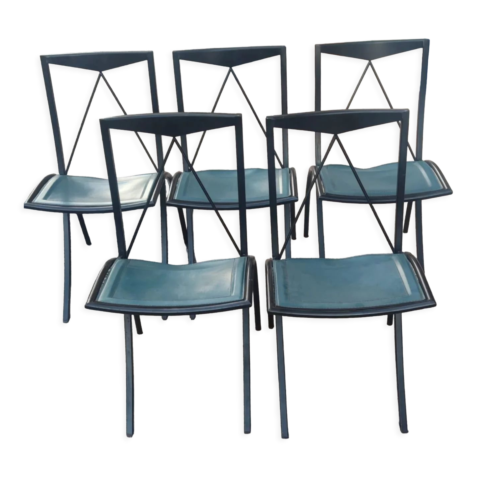 5 Bella folding chairs in steel and petrol blue leather by Maison Cattelan