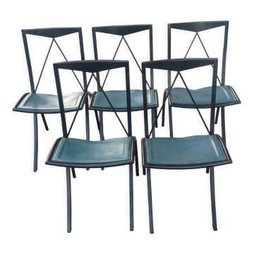 5chaises pliantes  bella en acier et cuir bleu pétrole maison cattelan