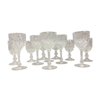 Set of 12 glasses with glass and crystal foot glass wine water tableware France 1950