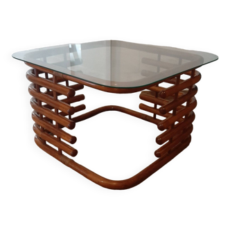 Table basse vintage - Bambou rotin et verre - Année 80 - Beau design