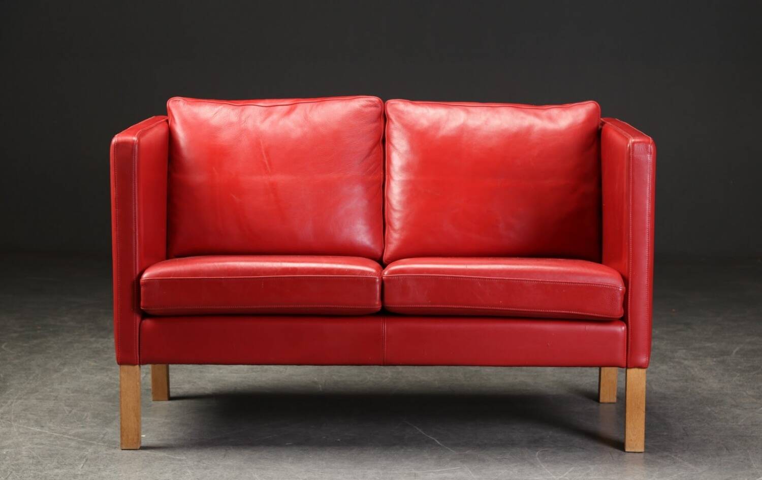 2 seater red leather sofa, Vintage Scandinavian 1960s