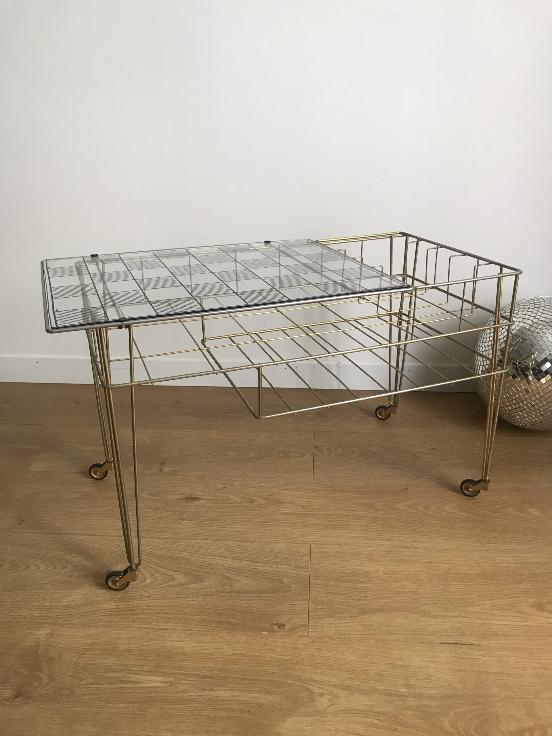 Side table gold vinyl door with wheels eiffel legs and glass checkered top