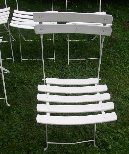 Series of 6 folding garden chairs in iron and old wooden slats