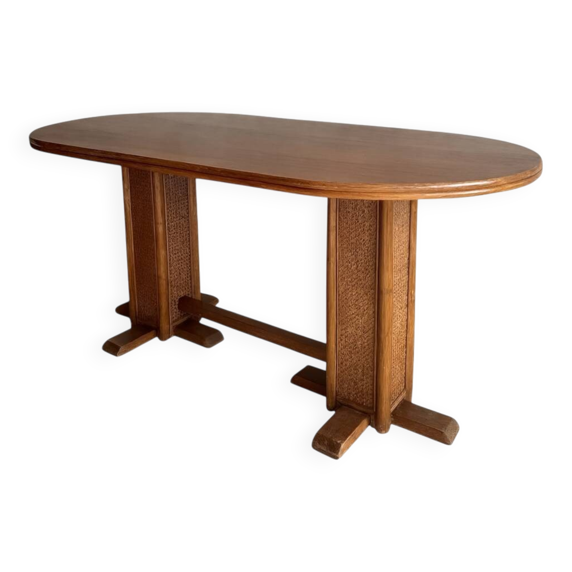 Honey-Brown Beech Wood Mid-Century Dining Table with Rattan Accents, 1960 Oval Top