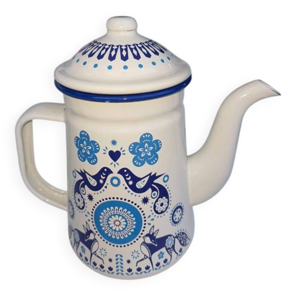 cafetière ou théière vintage en émail bleu et blanc